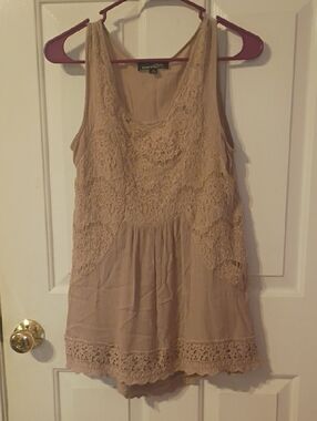Suzanne Betro Beige Crochet Lace Sleeveless Tunic
